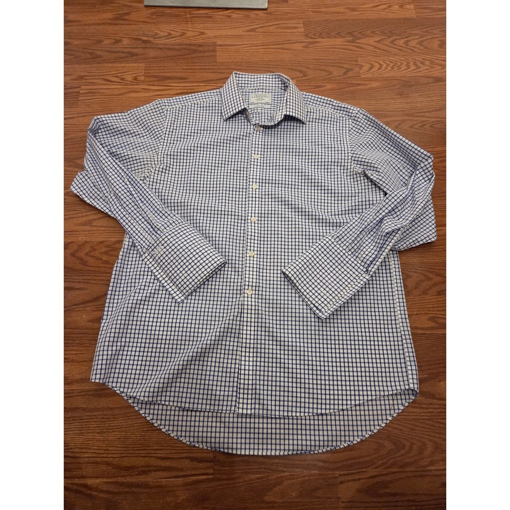 Charles Tyrwhitt Mens 17/35 Non Iron Dress Shirt Blue White Check Cotton 43/89cm